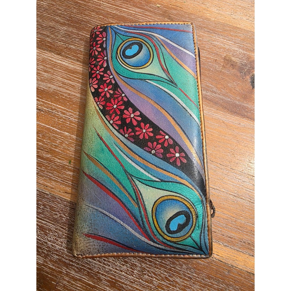 Anuschka Hand Painted Leather Peacock Feather Tri-Fold Wallet Floral Blue Green